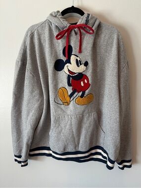 Disney Gray Hoodie with Embroidered Mickey and Red Drawstring